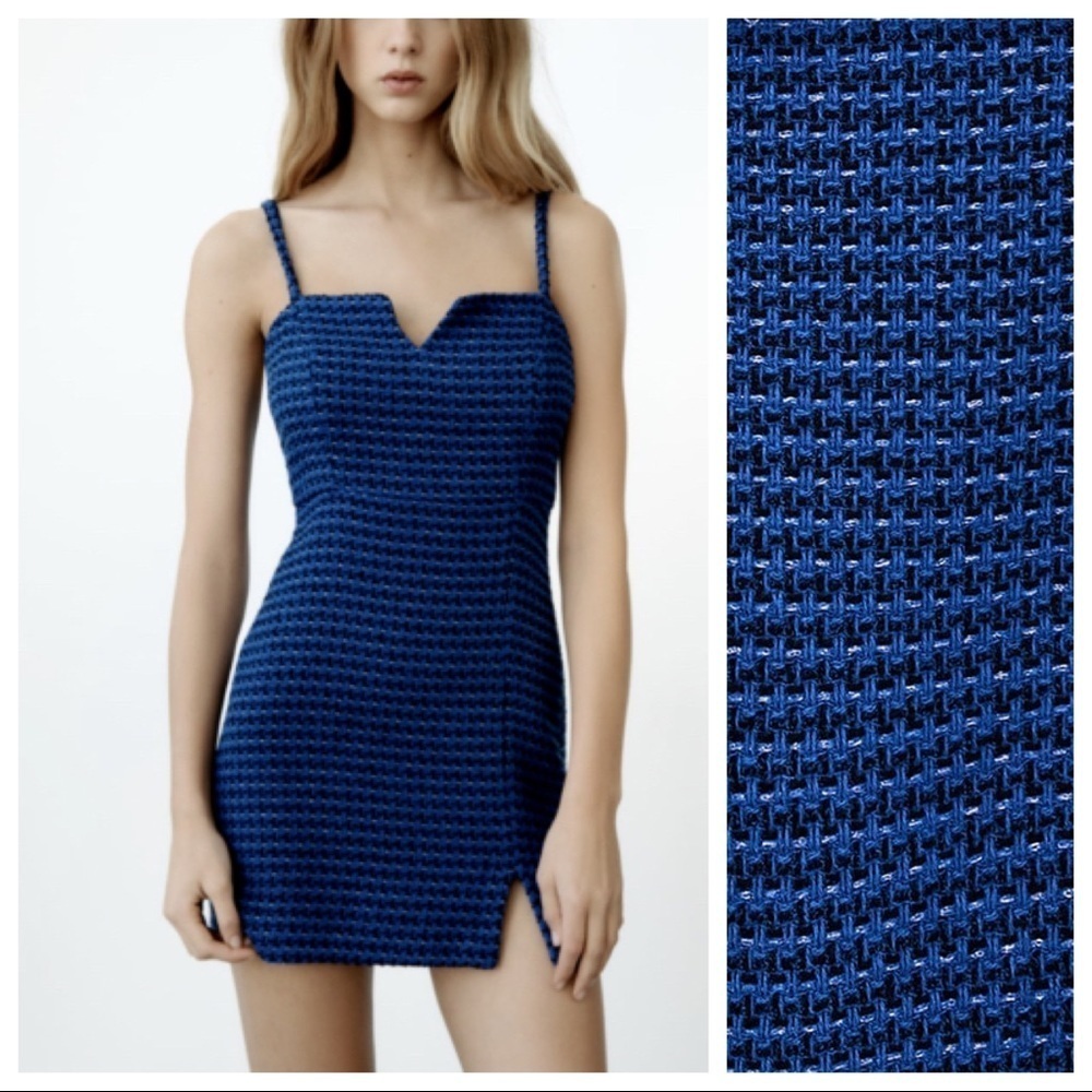 🌹NWT. Zara Blue/Black Textured Weave Tank Mini Dress. Size XS.